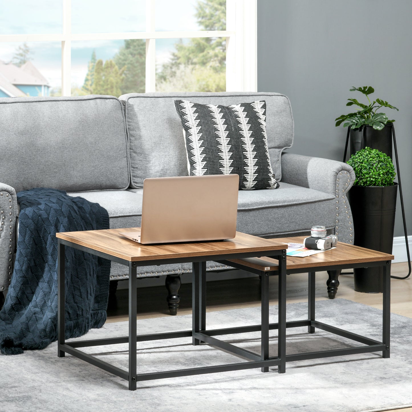 Salontafel Set – Bijzettafel – Koffietafel – Tafeltje – Tafel Duo – Industrieel Design – Zwart Stalen Frame – Houtlook Tafelblad