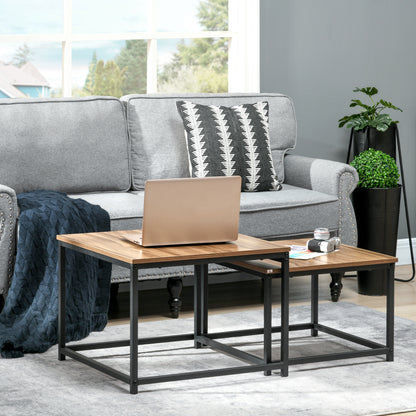 Salontafel Set – Bijzettafel – Koffietafel – Tafeltje – Tafel Duo – Industrieel Design – Zwart Stalen Frame – Houtlook Tafelblad