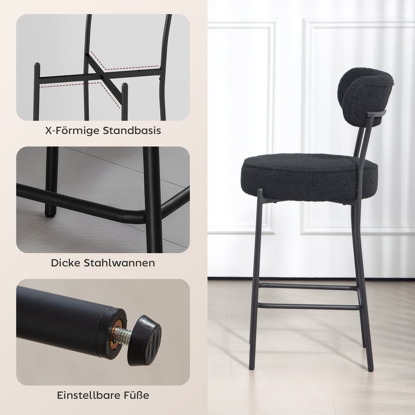 Barkrukken – Barkruk Set – Barstoelen – Hoge Stoelen – Keukenstoelen – Zwart Metalen Frame – Gewatteerd Zitvlak Met Fleece Bekleding