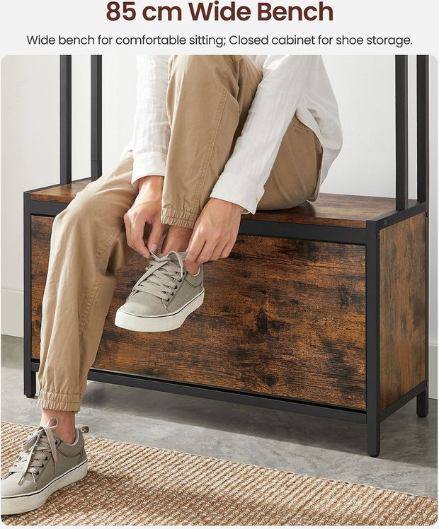 Kapstok met Schoenenkast - Kapstok met Bank - Kledingrek - Schoenenrek - 9 Haken - Bovenste Plank - voor Hal - Slaapkamer - Industrieel Design - Vintage Bruin - Zwart