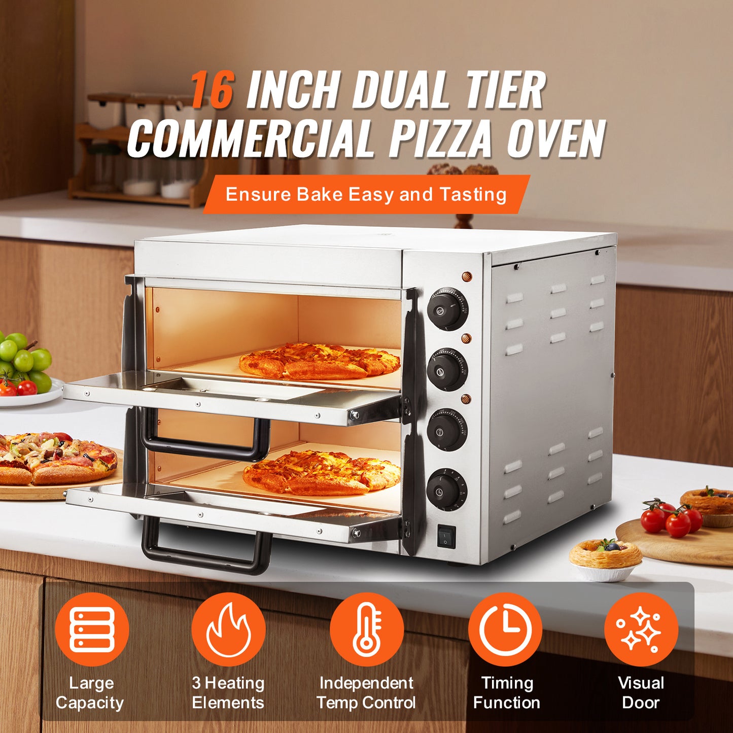 Pizzaoven – Elektrische Oven – Tafelmodel – Pizza Maker – Pizza Grill – RVS Materiaal – Geschikt Voor 16 Inch Pizza’s