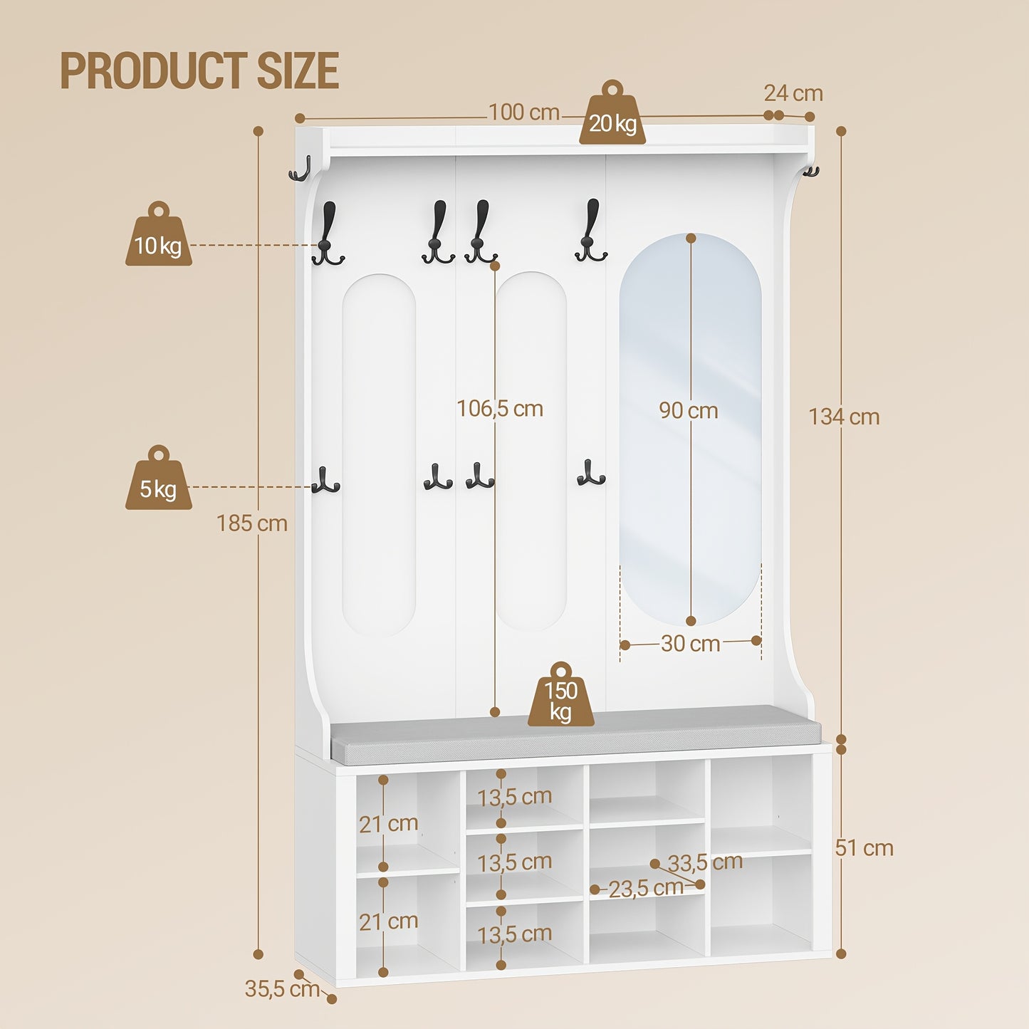 Coat Rack with Shoe Bench, Wardrobe with Mirror, Shoe Storage, 10 Hooks, Adjustable Shelves, Freestanding, for Entrance Area, Hallway, 35.5 X 100 X 185cm, White,  Hallway Storage, Freestanding Wardrobe, Sleek Design, Shoe Ben - QUORE