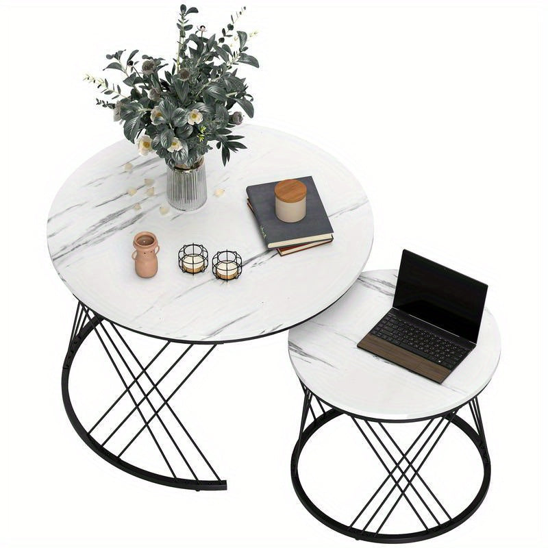 Set van 2 Ronde Salontafels – Bijzettafels – Tafeltjes – Nestbare Tafels – Witte Marmerlook Tafels – Nestbaar Ontwerp – Stevig Metalen Onderstel