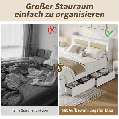 Bedframe – Tweepersoonsbed – Platformbed – Opbergbed – Slaapbank – 140x200 cm – Wit – Met Opberglades – Stevig Ontwerp Tot 200 kg