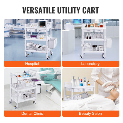 Medische Trolley – Mobiele Werkkar – Opslagwagen – Laboratoriumkar – Kliniektrolley – 3 Lagen Met 3 Afvalbakken – Duurzaam PP-Materiaal – 4 Stille Wielen