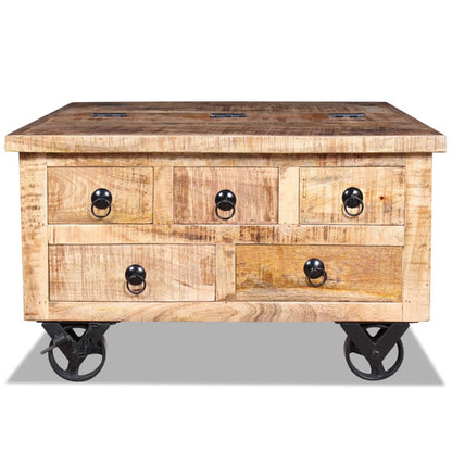 Salontafel – Koffietafel – Woonkamertafel – Bijzettafel – Eettafel – Ruw Mangohout – 70x70x40 cm – 5 Lades + Groot Opbergvak