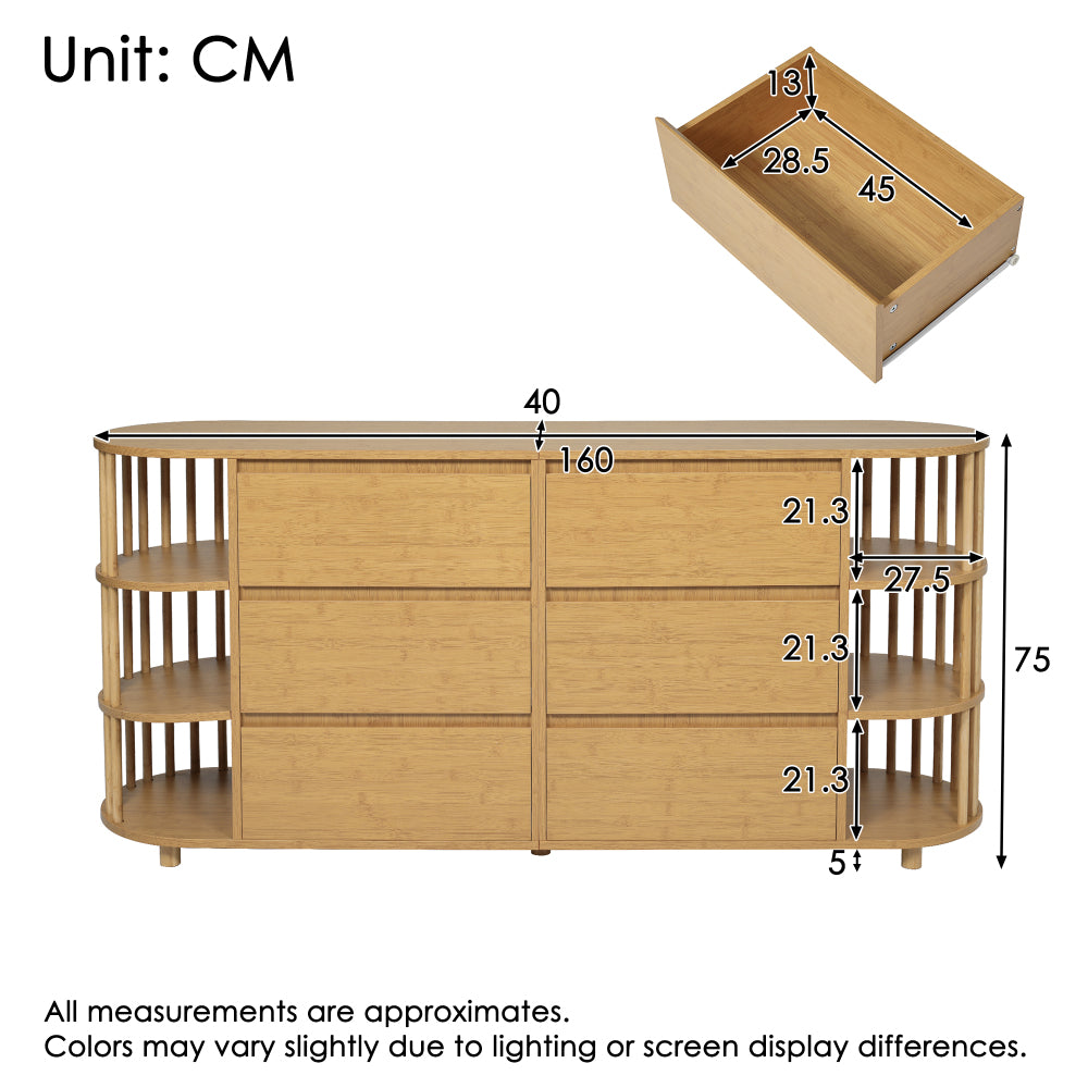 Grote Kast – Opbergkast – Dressoir – Sideboard – Ladekast – Eikenfineer & Bamboe – 6 Lades Met Verstelbare Planken – Antikantelmechanisme & Verstelbare Pootjes