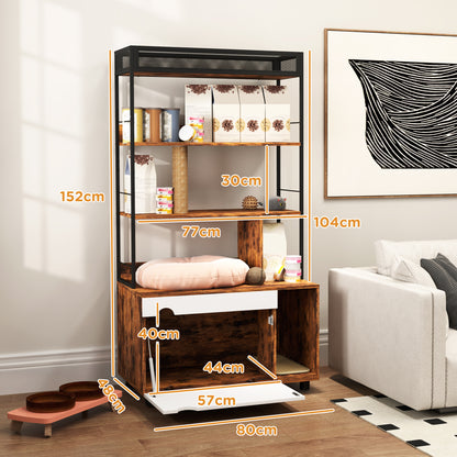 Kattenbakmeubel – Kattenbakkast – Kattenhuis – Kattentoilet – Kattenbakverstopper – Multifunctioneel 2-in-1 Design – Ruime Opbergruimte & Geïntegreerde Krabpaal – 80x48x152 cm – Rustiek Bruin