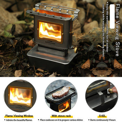 Houtkachel – Campingkachel – Outdoor Stove – Kooktoestel – Verwarmer – Roestvrijstaal – Glazen Kijkvenster – Compact & Draagbaar – Instelbare Vlamregeling