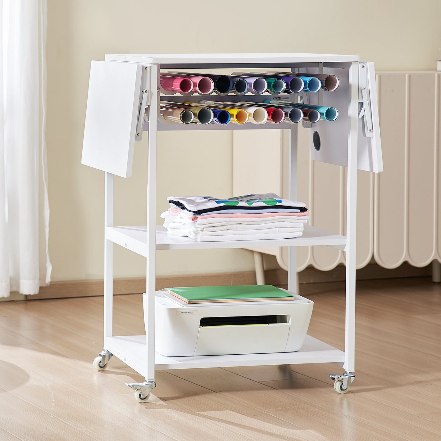 Heat Press Werktafel – Workbench – Werkbank – Tafel – Werkplek – Inklapbare Zijkanten – Mobiel Met Wielen – Stevig Metaalframe – Ruime Opbergruimte – Wit
