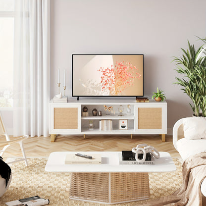 TV-meubel – Tv Kast – Mediameubel – Tv Meubel – Tv Dressoir – Wit Rattan Accent – Geschikt Voor 65 Inch TV – Verstelbare Planken – Duurzame MDF Constructie