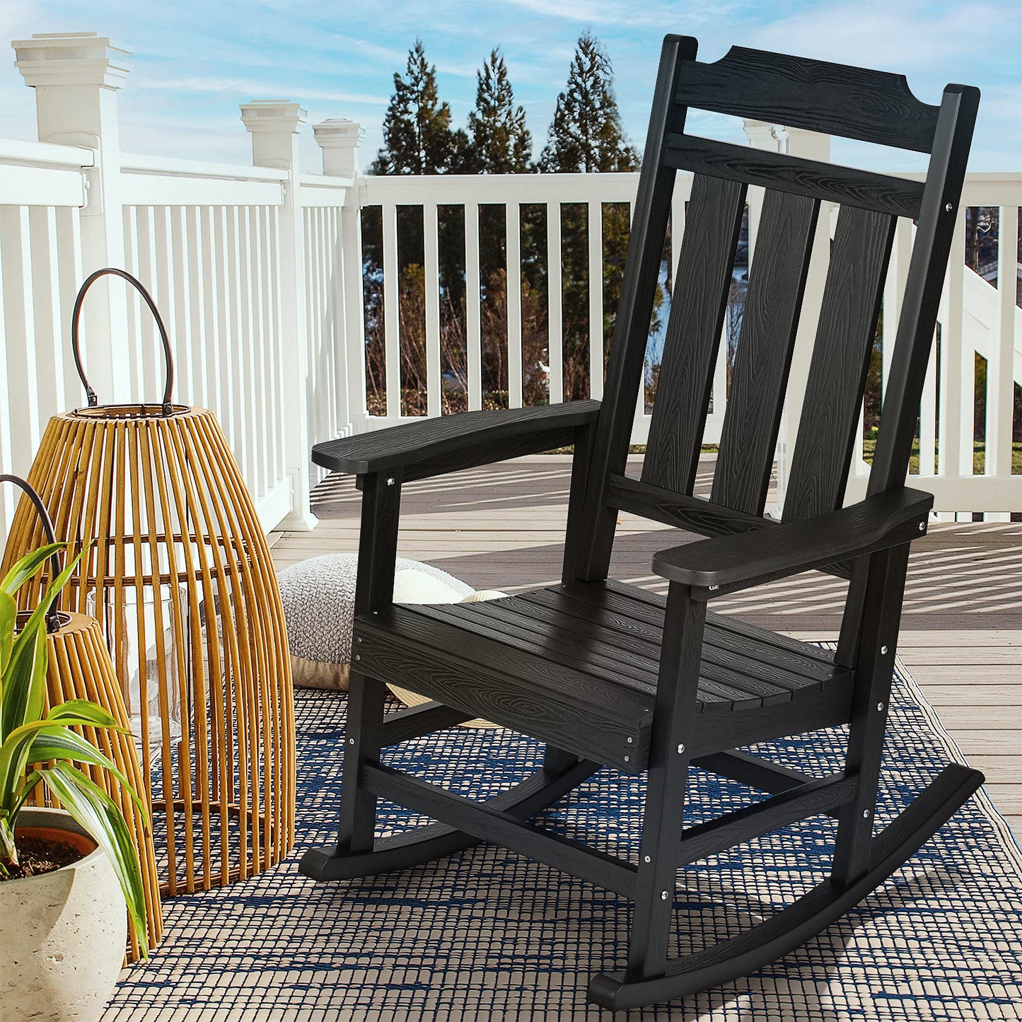 Schommelstoel Buiten – Schommelstoel Tuin – Schommelstoel Veranda – Lounge Stoel Buiten – Houten Design – Weerbestendig HIPS Materiaal – Ergonomische 5° Achteroverhelling – Zwarte Uitvoering