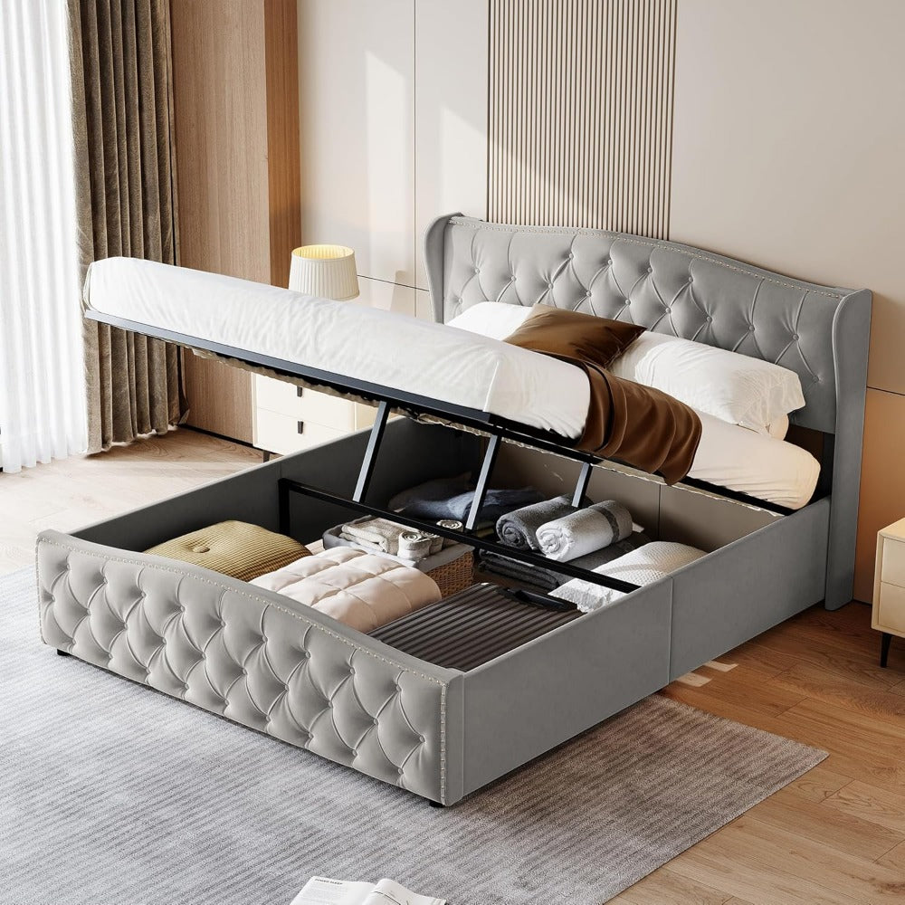 Stijlvol Gestoffeerd Bed – Vlakbed – Opbergbed – Platformbed – Queen Size Bed – 140x200 cm – Fluwelen Bekleding – Lift Opbergruimte
