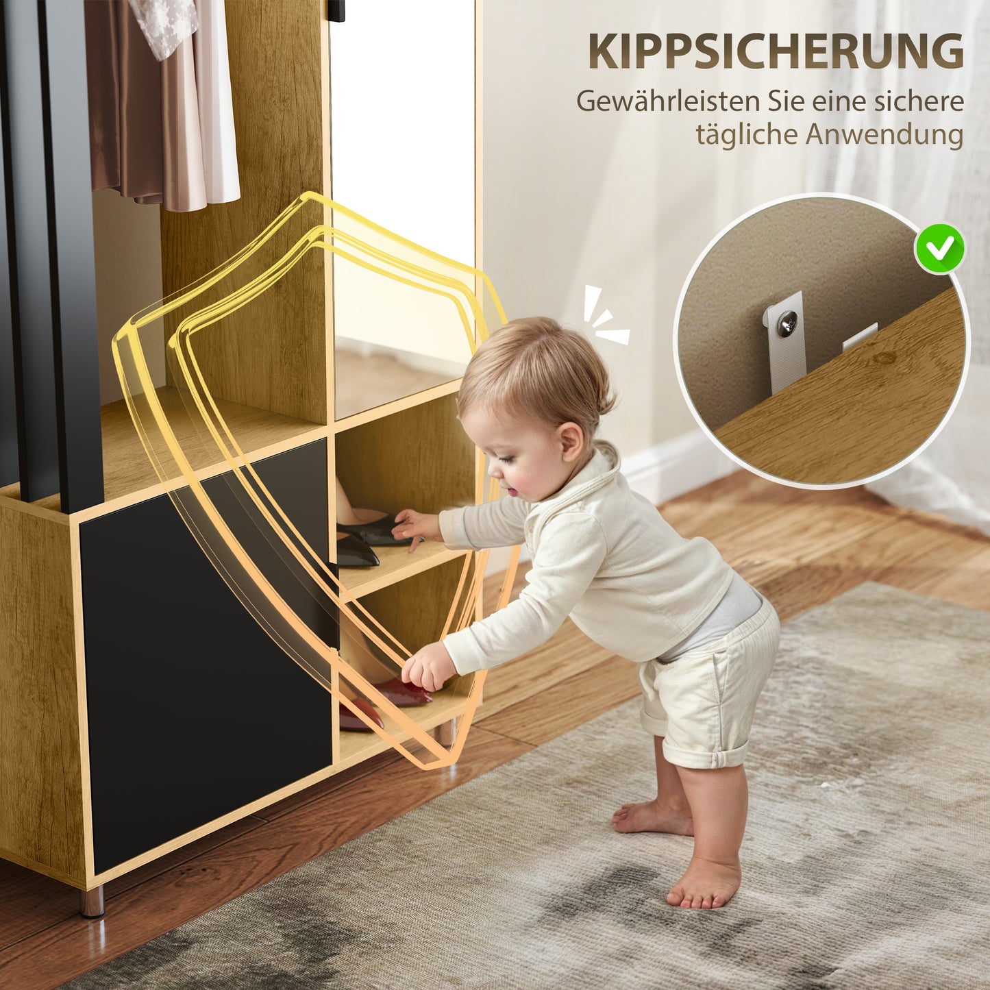 Kast Met Spiegel – Kledingkast – Garderobekast – Opbergkast – Halmeubel – Natuurlijk Hout En Zwart Staal – Met Kledingroede En Open Planken