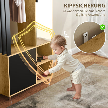 Kast Met Spiegel – Kledingkast – Garderobekast – Opbergkast – Halmeubel – Natuurlijk Hout En Zwart Staal – Met Kledingroede En Open Planken