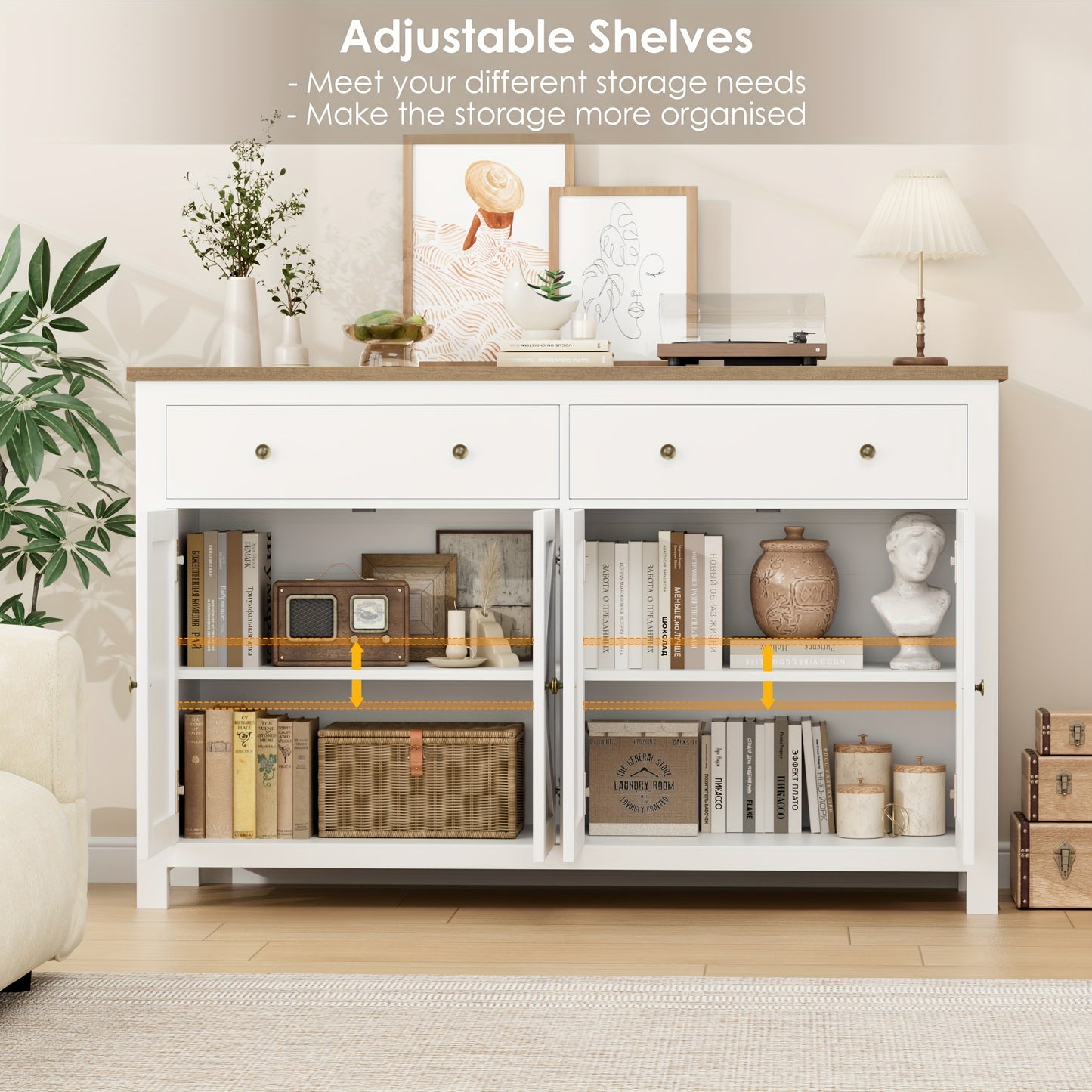 Kast – Opbergkast – Ladekast – Dressoir – Kastenmeubel – Verstelbare Planken – Stevig Hout – Wit Met Gouden Accenten