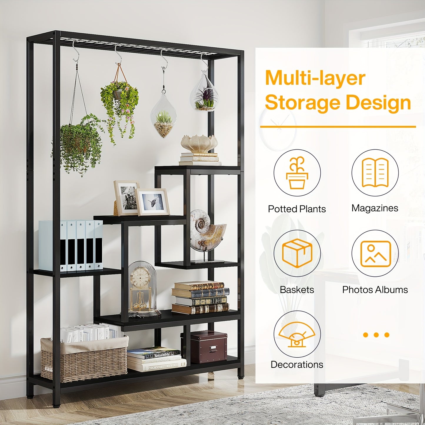 5-Laags Hoge Plantenstandaard – Plankrek – Bloemenrek – Displayrek – Stellingkast – Metaal Zwart – Inclusief Ophanghaken – 180 cm Hoog
