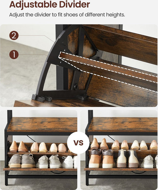Kapstok met Schoenenkast - Kapstok met Bank - Kledingrek - Schoenenrek - 9 Haken - Bovenste Plank - voor Hal - Slaapkamer - Industrieel Design - Vintage Bruin - Zwart