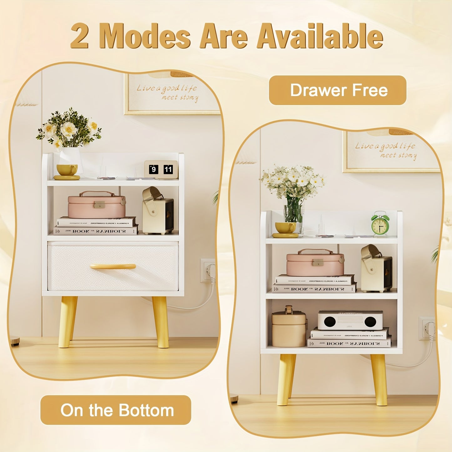 Nachtkastje – Nachtkastjes – Ladekastje – Bijzettafel – Opbergkastje – Set van 2 – Compact Design – Wit Metaal Met Houten Poten