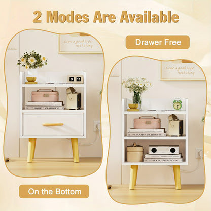 Nachtkastje – Nachtkastjes – Ladekastje – Bijzettafel – Opbergkastje – Set van 2 – Compact Design – Wit Metaal Met Houten Poten