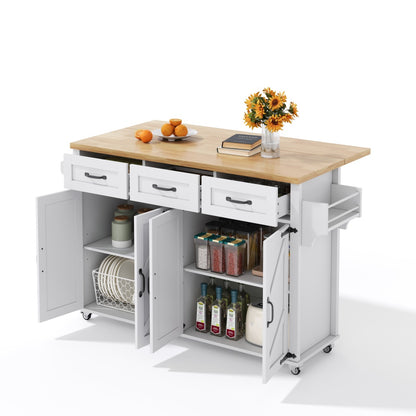 Side Cabinet | Kitchen Island Featuring a Collapsible Work Surface | Equipped with 5 Lockable Wheels | 4 Doors, 3 Drawers | Dual-Sided Towel Rack | Color: White | Measurements: 140X43(70)X90.5 Cm