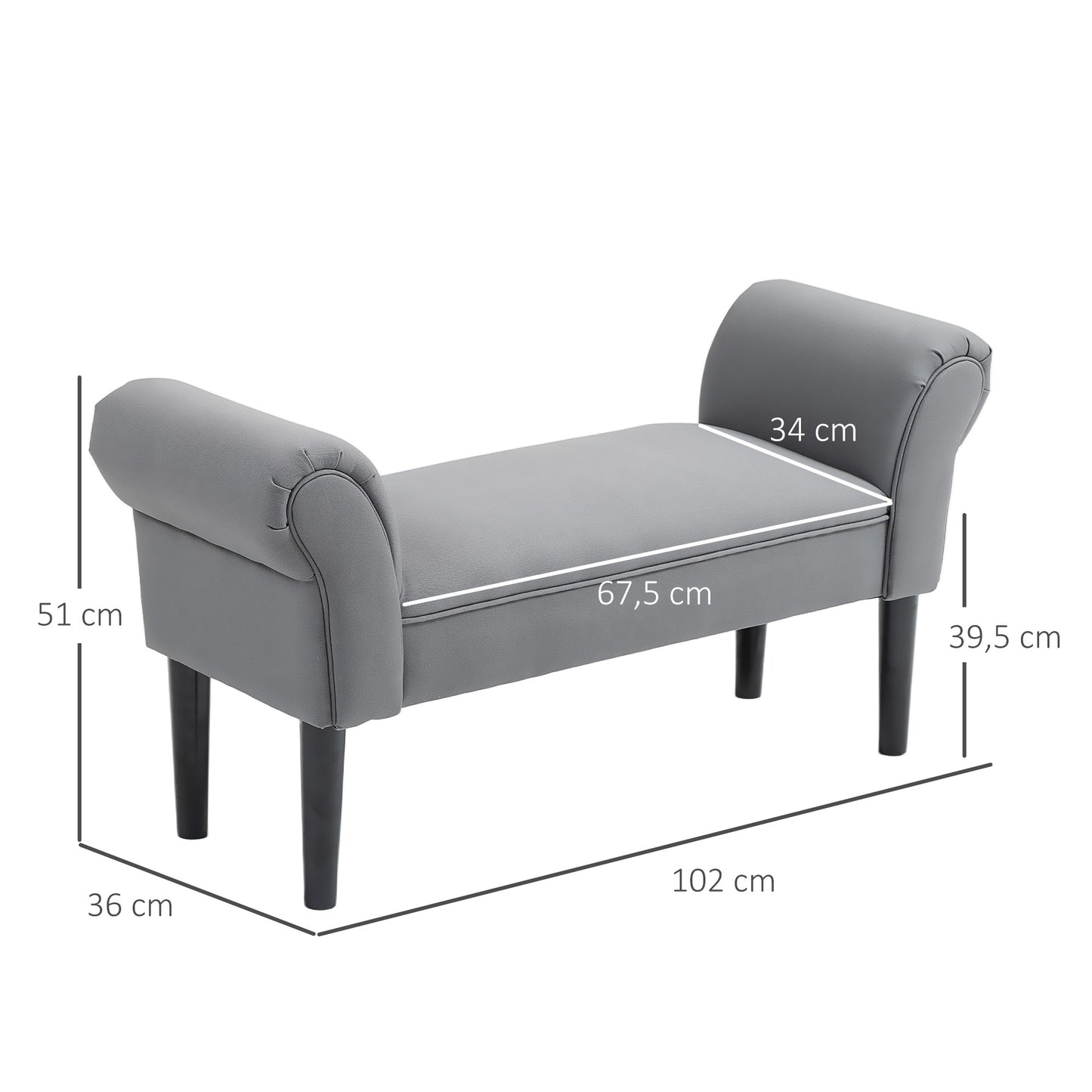 Bank – Zitbank – Bedbank – Hocker – Poef – Donkergrijs – Zachte Bekleding – Compacte Afmetingen 102x36x51 cm