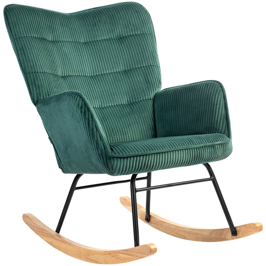 Schommelstoel – Relaxstoel – Fauteuil – Loungestoel – Voedingsstoel – Donkergroen – Beukenhouten Sleden – Dikke Comfortabele Vulling – Maximaal 120 kg