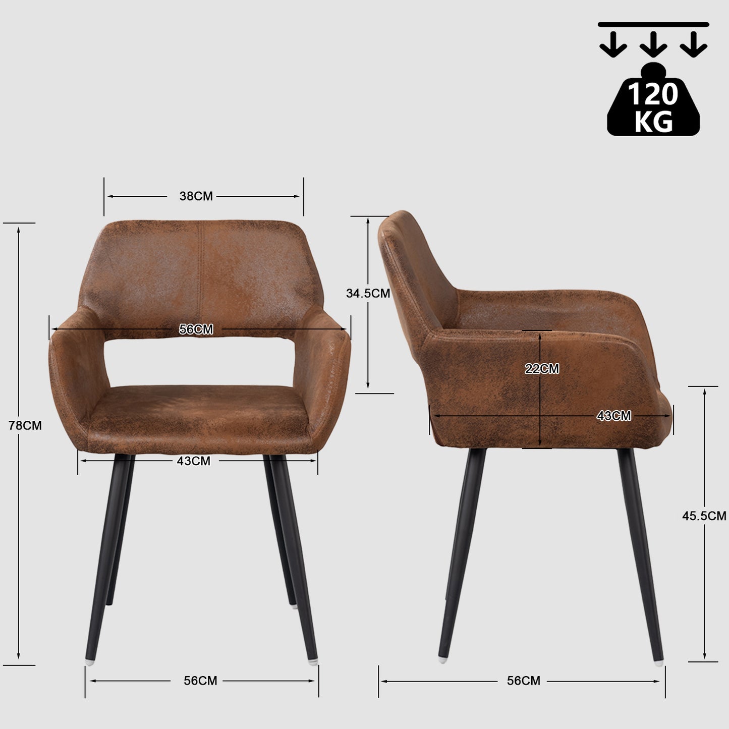 Eetkamerstoel – Stoel Met Armleuning – Designstoel – Keukenstoel – Scandinavische Stoel – Comfortabel Gestoffeerd – Metaal Met Houten Poten – Bruin – 56x56x78 cm
