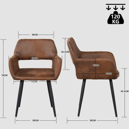 Eetkamerstoel – Stoel Met Armleuning – Designstoel – Keukenstoel – Scandinavische Stoel – Comfortabel Gestoffeerd – Metaal Met Houten Poten – Bruin – 56x56x78 cm