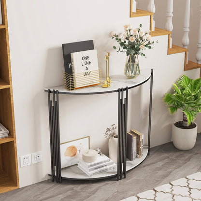 Sidetable – Haltafel – Sofa Tafel – Bijzettafel – Accenttafel – Halfrond Design – Gelaagd Met Sintersteen – 100x30x78 cm – Modern Minimalistisch – Zwart Metaal Frame