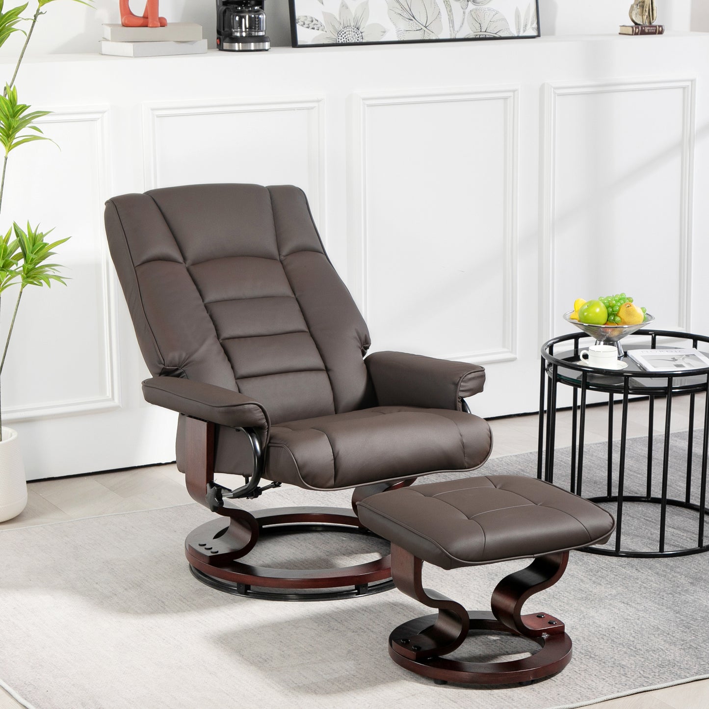 Relaxstoel – Fauteuil – Loungestoel – Draaifauteuil – Relaxfauteuil – 360° Draaibaar – Handmatig Verstelbare Rugleuning – Houten Frame – Kunstleer Bekleding – Bruin – 76x85x104 cm