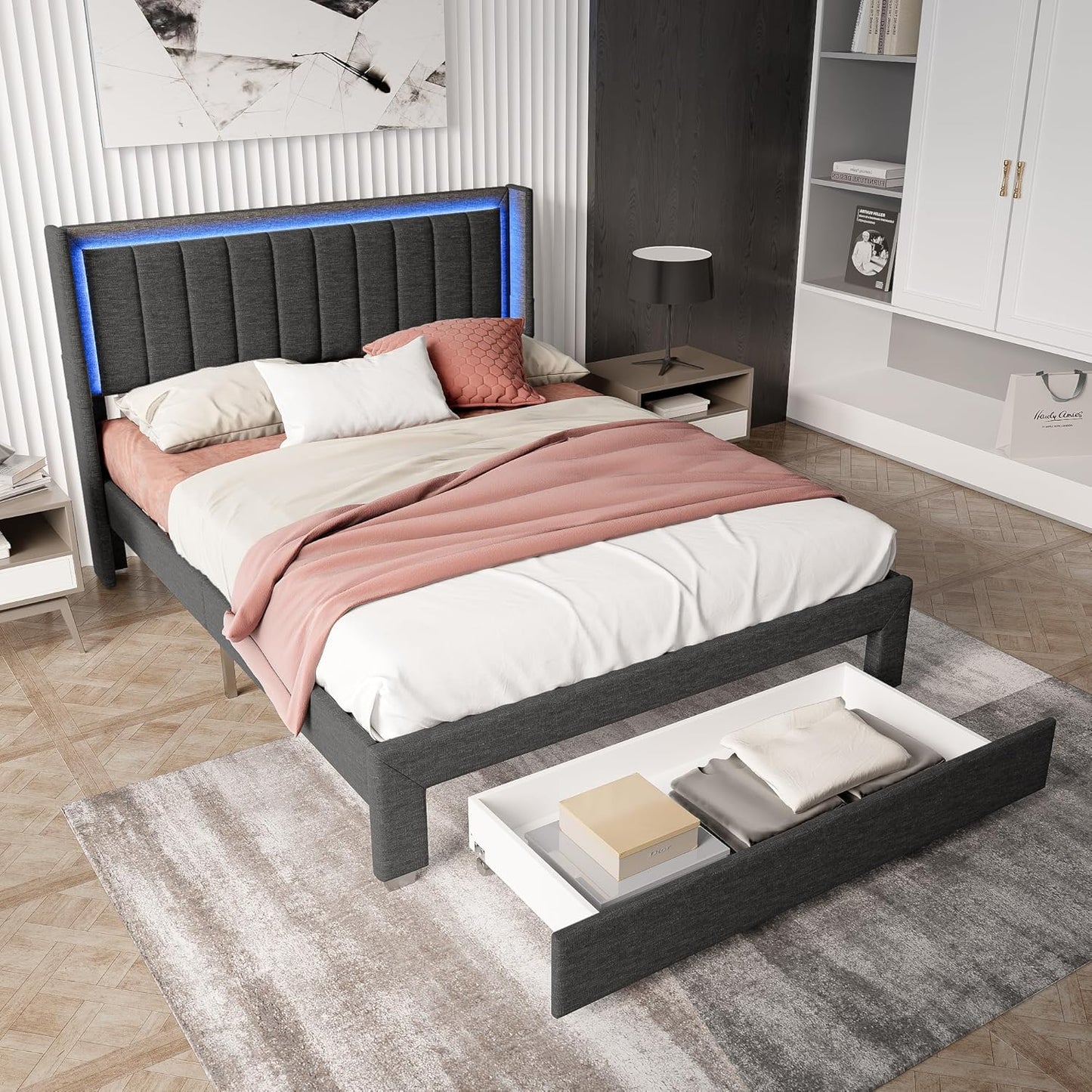 Tweepersoonsbed – Bedframe – Slaapbed – Opbergbed – Led Bed – 140 x 200 cm – Grijs Linen – Met USB-poort en Opberglade