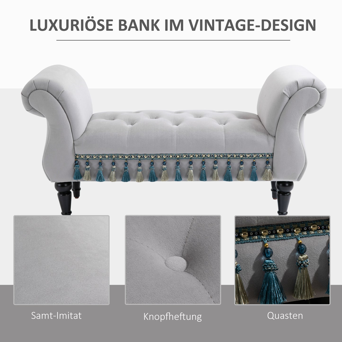 Bankje – Zitbank – Halbankje – Opbergbank – Bedbank – Gestoffeerd – Fluweel – Massief Houten Poten – Lichtgrijs – 117x40x58 cm – Draagvermogen 150 kg