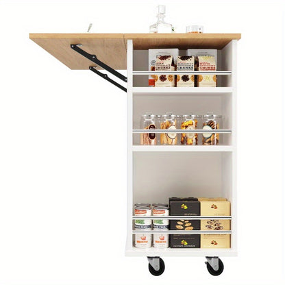 Keukeneiland – Keukenkast – Eilandwagen – Buffetkast – Dressoir – Met Verwijderbare Scheidingswanden – Houten Werkblad – Met Snackbarhouder en Wijnglasrek – Wit