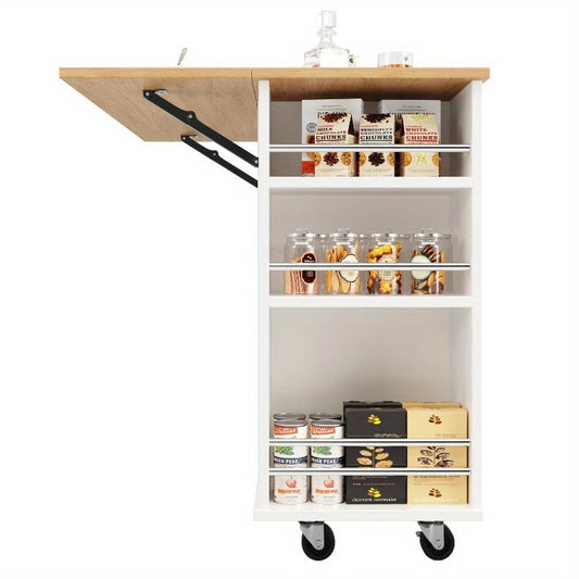 Keukeneiland – Keukenkast – Eilandwagen – Buffetkast – Dressoir – Met Verwijderbare Scheidingswanden – Houten Werkblad – Met Snackbarhouder en Wijnglasrek – Wit