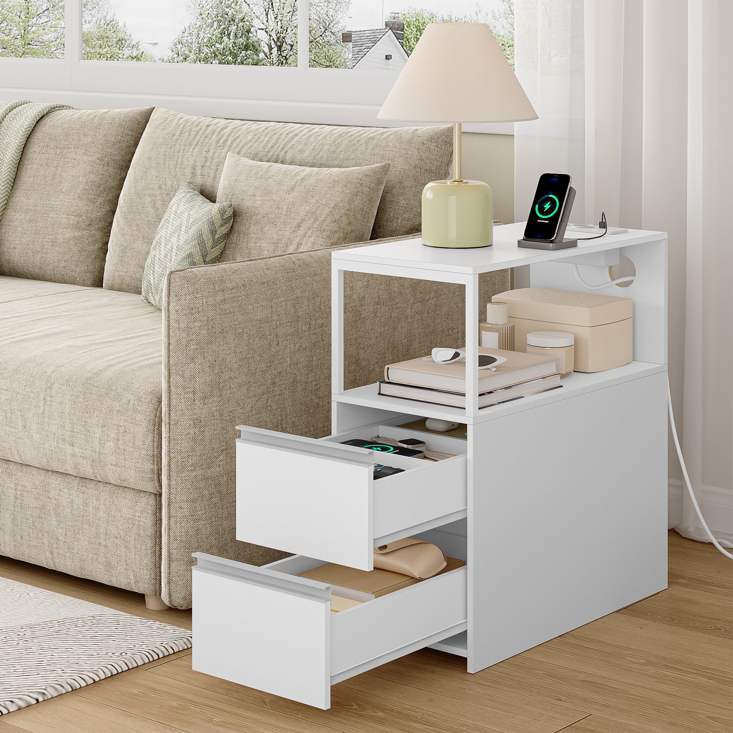 Kleine Bijzettafels – Nachtkastje – Salontafel – Opbergmeubel – Smalle Tafels – Set van 2 Wit – Compact en Ruimtebesparend – Met 2 Lades en Open Vak