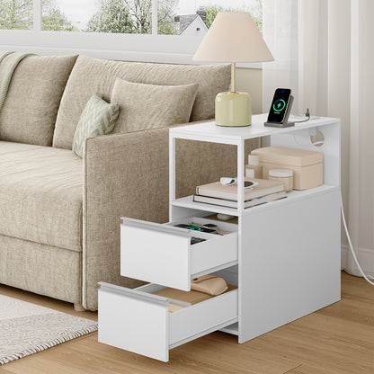 Kleine Bijzettafels – Nachtkastje – Salontafel – Opbergmeubel – Smalle Tafels – Set van 2 Wit – Compact en Ruimtebesparend – Met 2 Lades en Open Vak