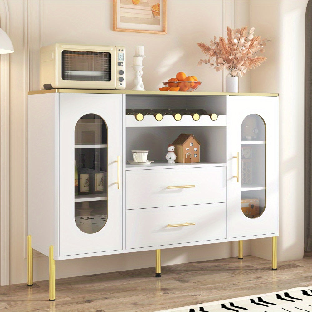 Dressoir – Kast – Sideboard – Opbergkast – Ladekast – Wit MDF Met Glazen Deuren – Inclusief Wijnrek En Lades – Stijlvol En Ruim Opbergmeubel