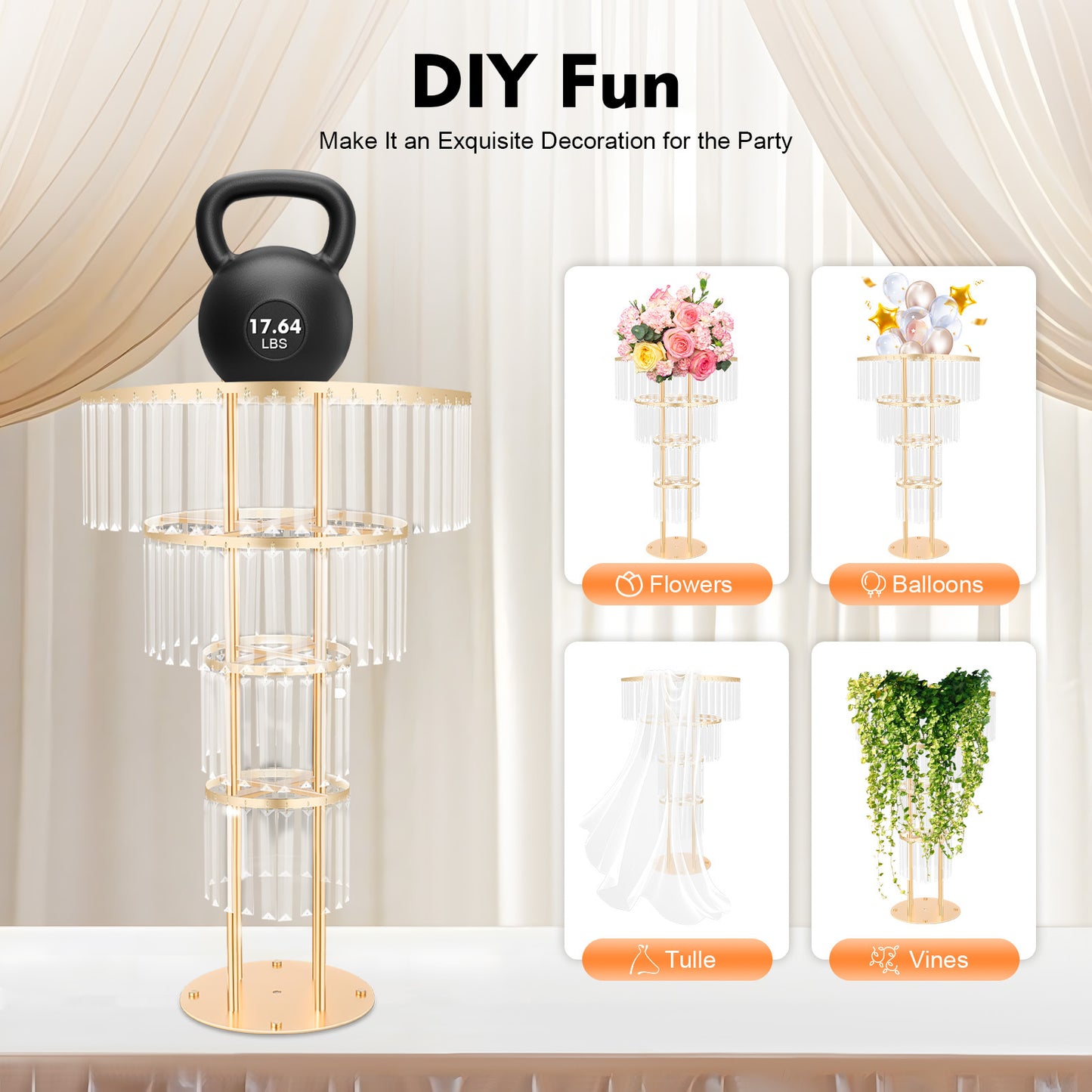 Round Pedestal for Wedding Flowers Adorned with Golden And Crystals