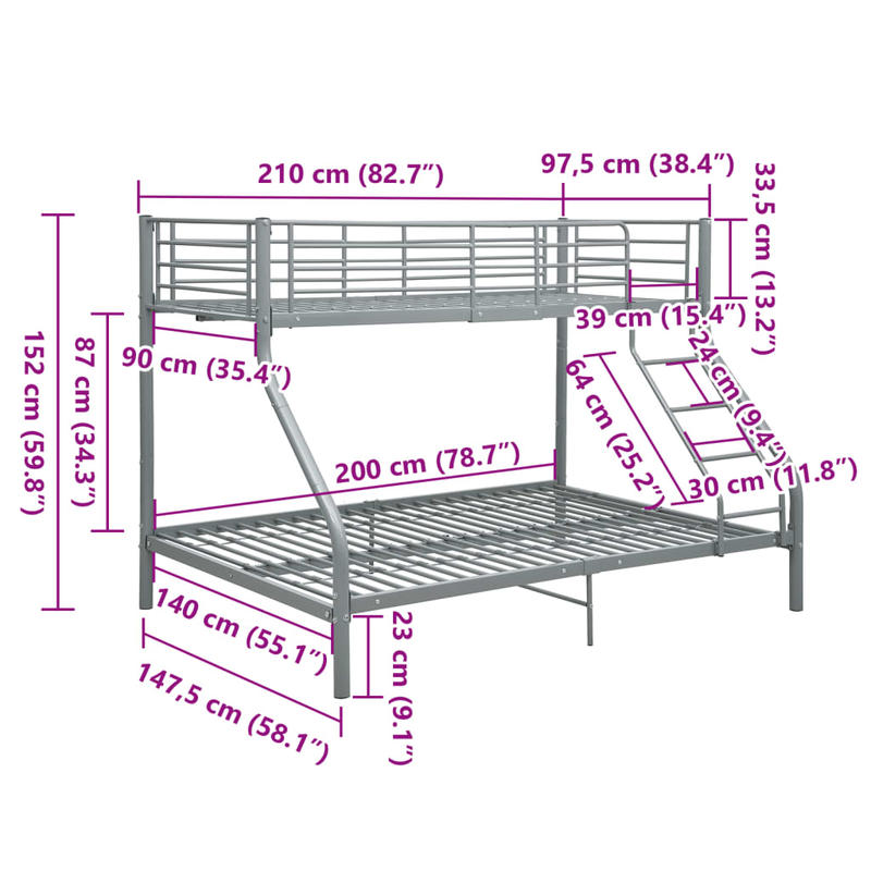 Metal Gray Stapelbed – Stapelbed Frame – Hoogslaper – Bed Met Bureau – Opbergbed – Stevige Metalen Constructie – Ruimtebesparend Ontwerp 140x200cm/90x200cm
