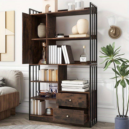 Boekenkast – Boekenrek – Opbergkast – Vakkenkast – Stellingkast – Industrieel Design – 6 Planken Met Deuren En Lades – Stalen Antiek Bruine Afwerking – Vloer Tot Plafond Hoogte