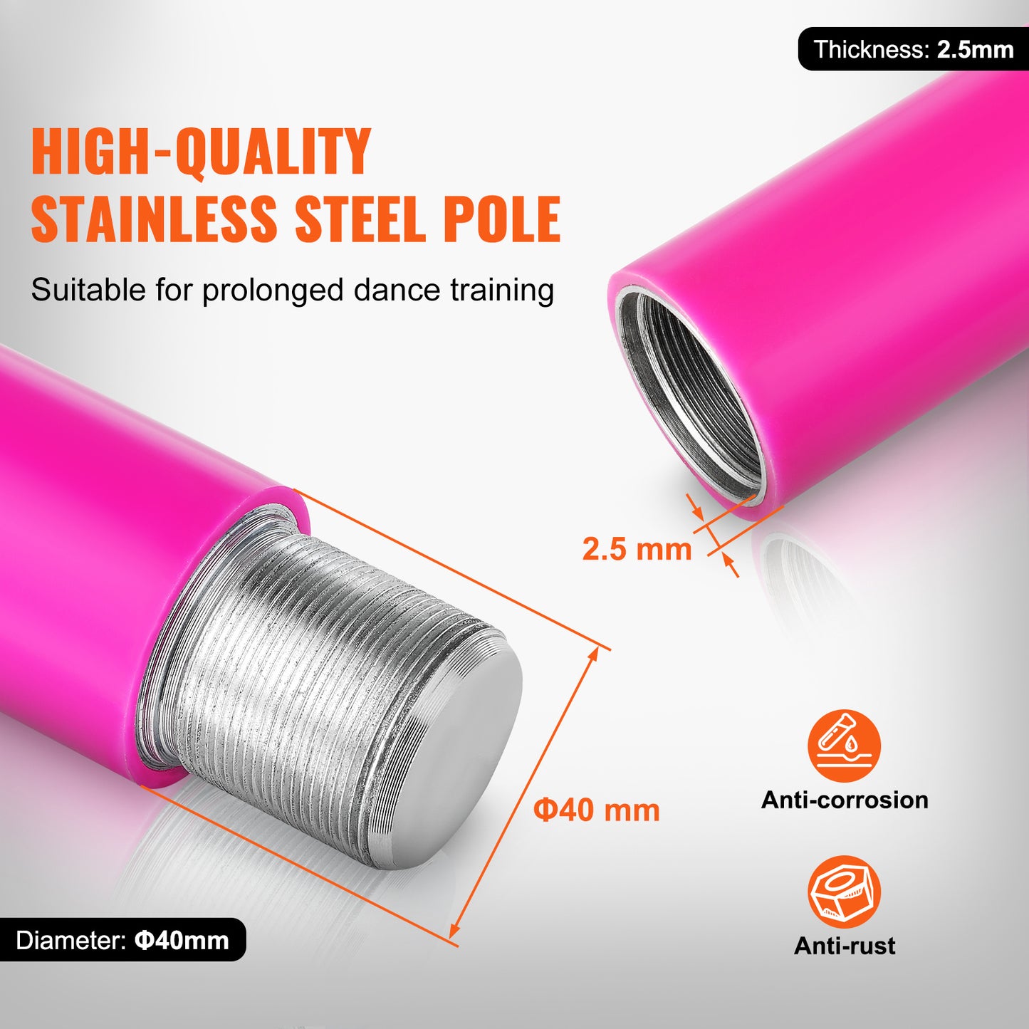 Danspaal – Dansstok – Pole Dance Paal – Fitnesspaal – Spinning Paal – Roestvrij Staal 40mm – Verstelbare Hoek 216-270cm