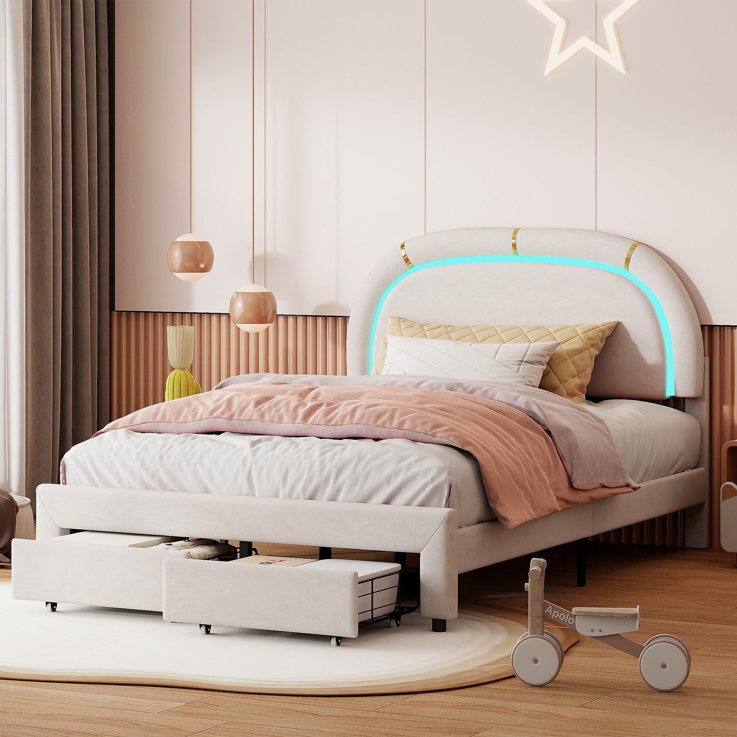 Upholstered Bed 140x200, Double Bed with Semi-Round Headboard, Adjustable Headboard, Storage Bed with 2 Drawers, Bed with Slatted Base, Single Bed, Beige