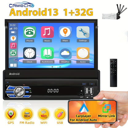 CAMECHO 1+32G Android Auto & Android 7.1 Car Stereo - 17.78cm Retractable Touchscreen Single DIN GPS/Wifi/Wireless, Wireless FM RDS Radio, Mirror Link, Steering Wheel Control, External Storage for Smartphones/Tablets (CarPlay