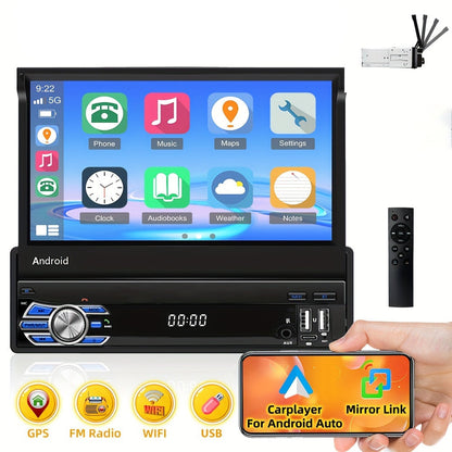 Autoradio – Android Auto – Car Stereo – Single DIN – Multimedia Speler – 17,78 cm Uitschuifbaar Touchscreen – Wifi & GPS – Draadloze FM RDS Radio