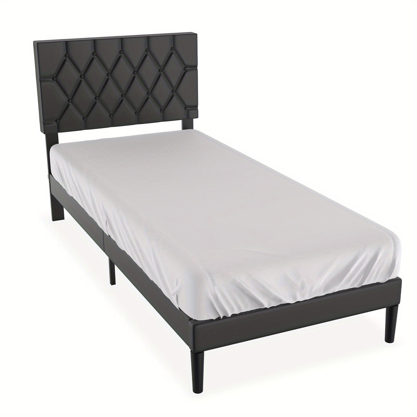Bedframe – Ledikant – Platformbed – Boxspringframe – Gestoffeerd bed – Zwart – Lederen Bekleding – 90x200 cm – Stevig Metaal – Comfortabele Lattenbodem