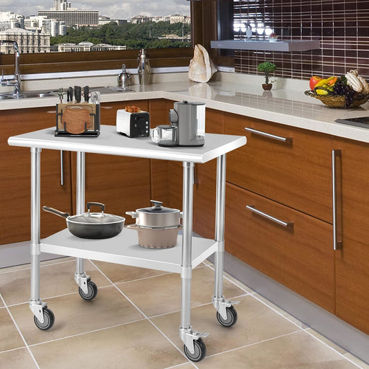 RVS Werktafel – Roestvrijstalen Tafel – Werkbank – Inklapbare Keukentafel – Mobiele Werktafel – Verstelbare Onderplank – 250 kg Draagvermogen – 4 Wielen Met Rem