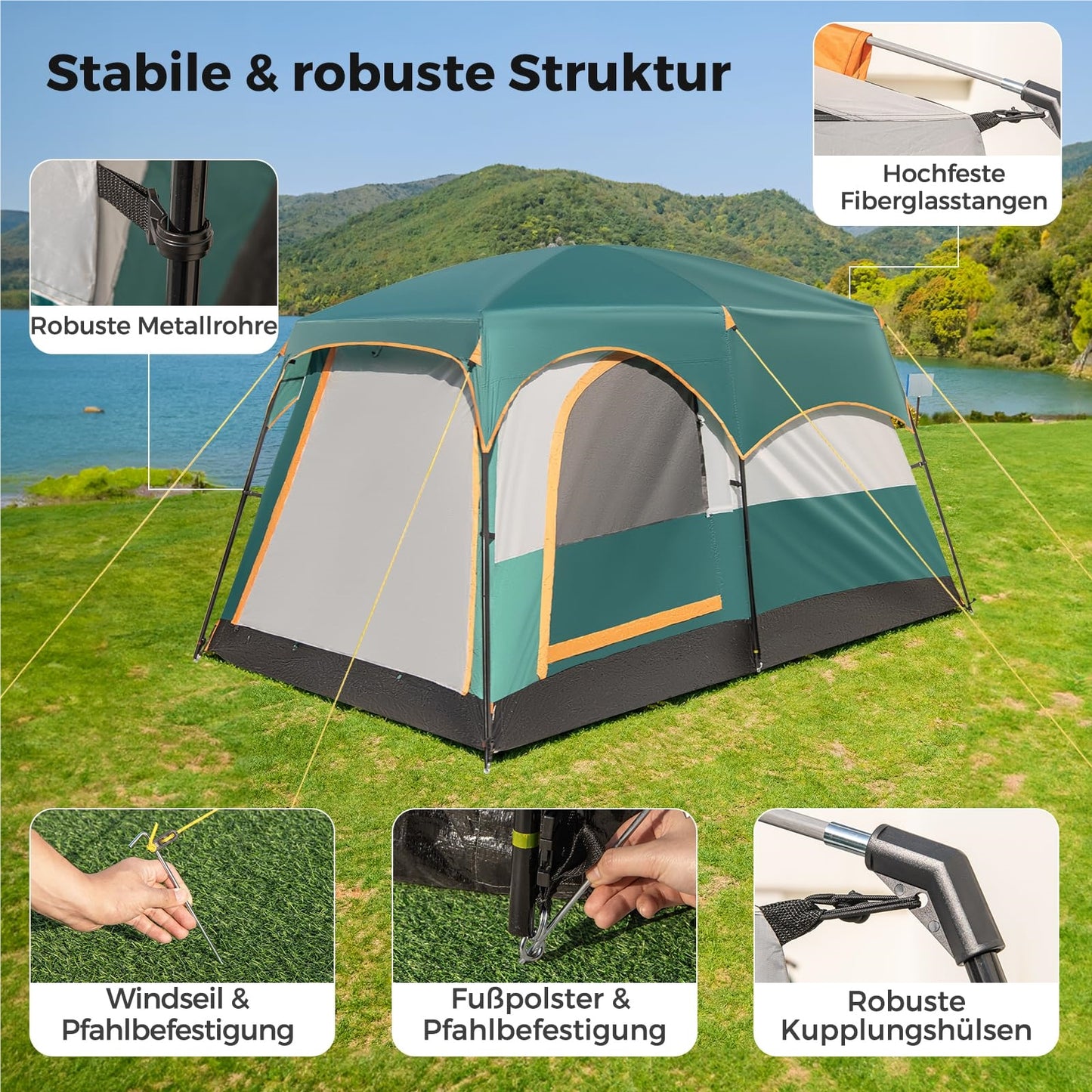 Kampeertent – Familietent – Tunnel Tent – Grote Tent – 2-Kamer Tent – Waterdicht Oxford Polyester – Ruime Voortent Met Zonnescherm – Voor 4-6 Personen – Groen