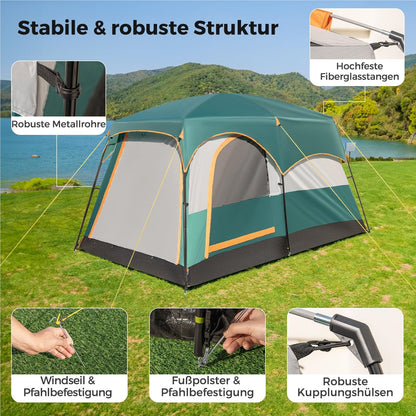 Kampeertent – Familietent – Tunnel Tent – Grote Tent – 2-Kamer Tent – Waterdicht Oxford Polyester – Ruime Voortent Met Zonnescherm – Voor 4-6 Personen – Groen