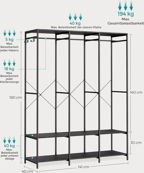 Kledinghangers - Kledingrek Metaal - Schoenenrek - Kledingkasten Slaapkamer - 40 x 141 x 180 cm - Kledingrek Zwart